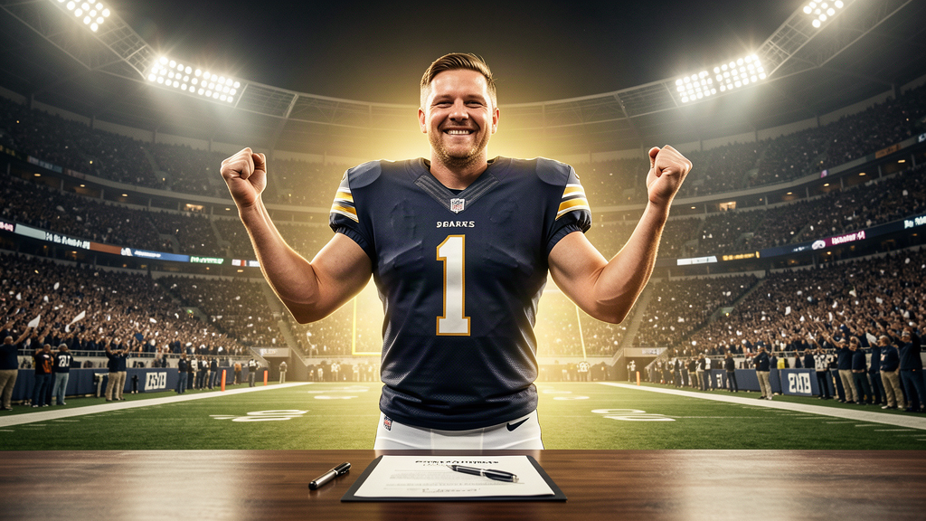 An American football quarterback in a navy jersey standing on a stadium field at night, a giant dollar sign glow behind him, stadium lights