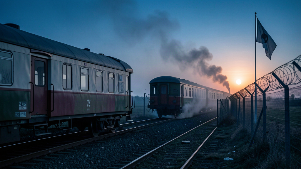 A railway car on a track at dusk near a border fence, smoke rising in the distance, a barbed-wire line in the foreground