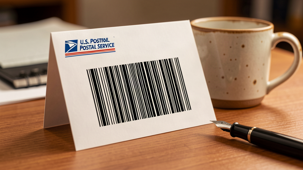 A U.S. Postal Service mail ballot with a barcode on the envelope, stacked on a desk next to a coffee cup