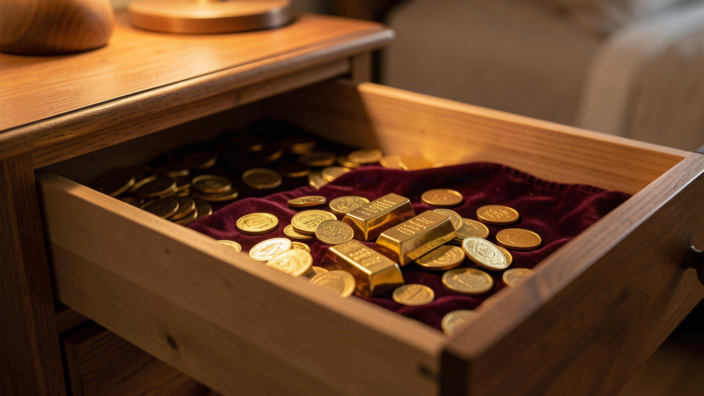 Gold coins and bars stacked inside an open wooden drawer in a home, warm light
