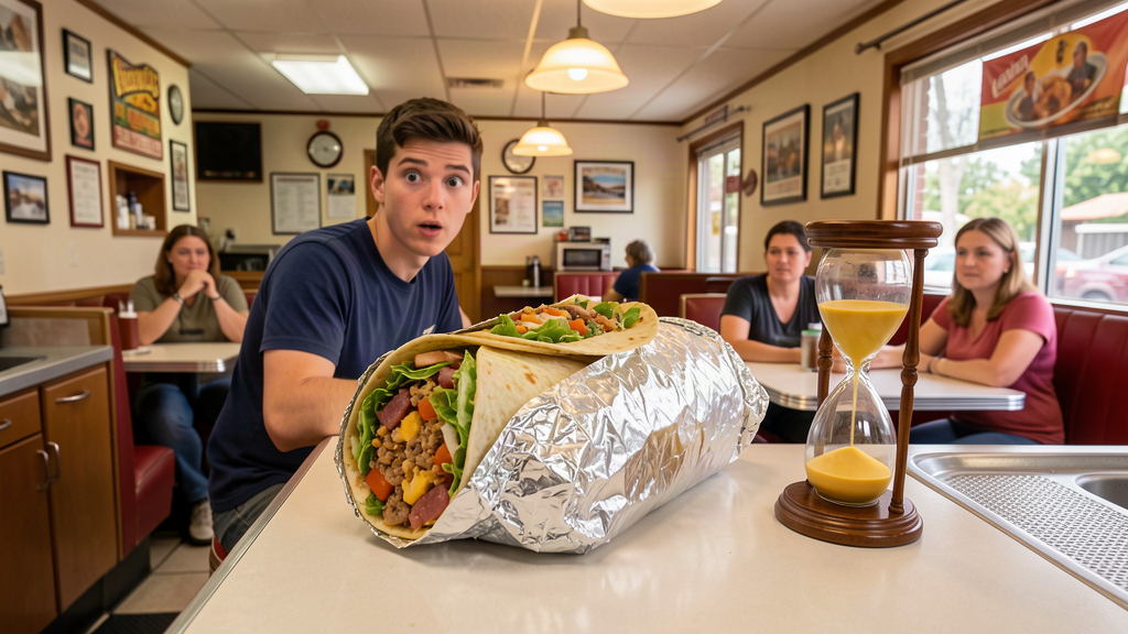 A colossal 8-pound burrito on a diner counter beside an hourglass timer