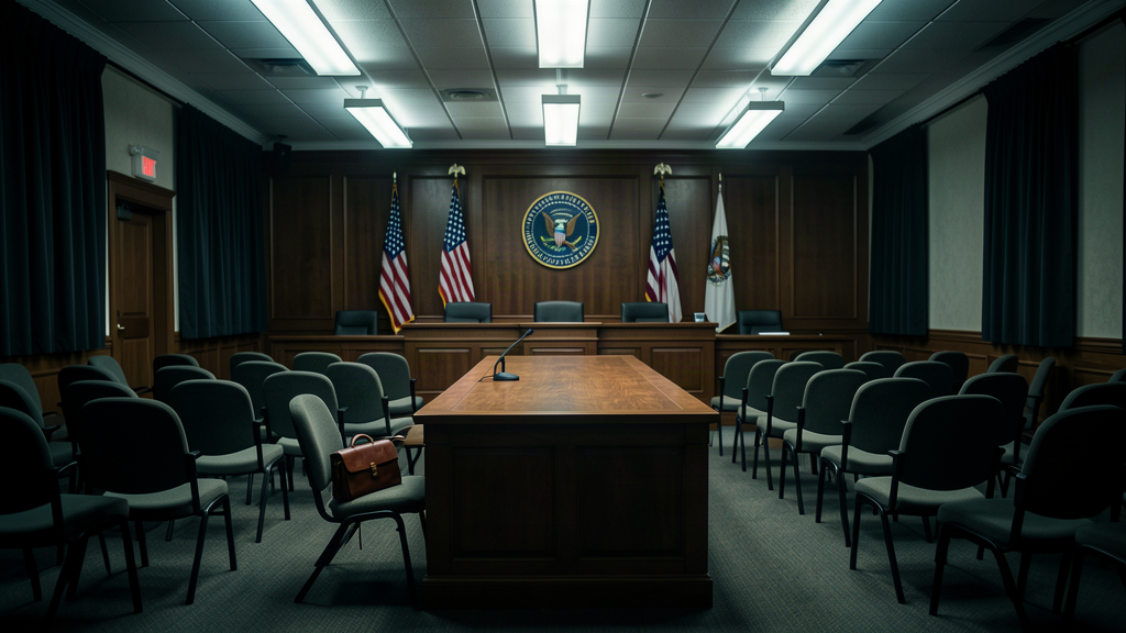 An empty congressional committee deposition chair facing a witness table