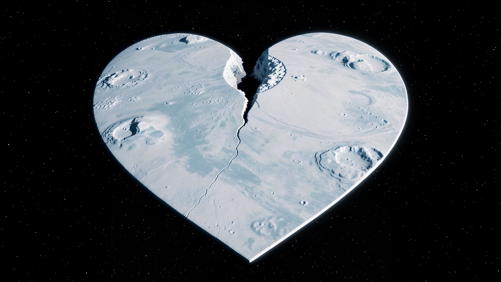 The heart-shaped Sputnik Planitia glacier on Pluto with a dark flow at its northern edge