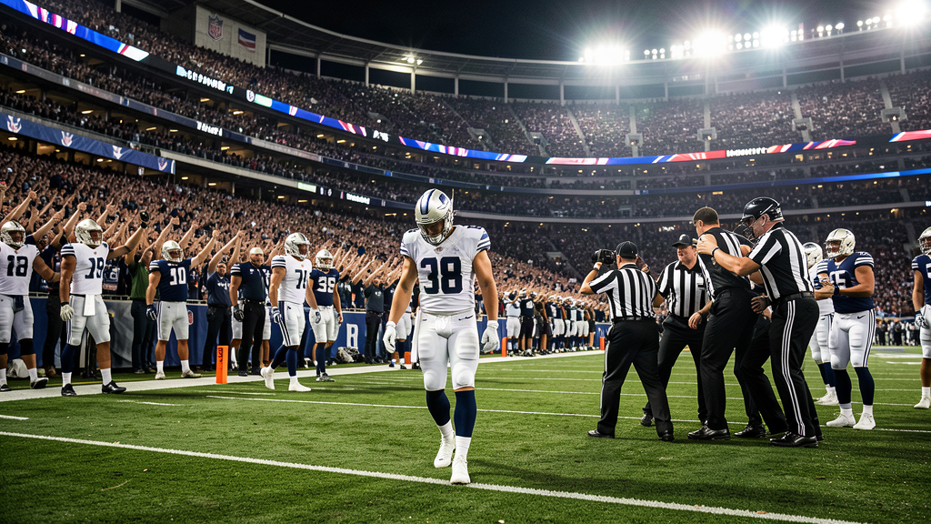A dejected quarterback on a packed stadium field in overtime