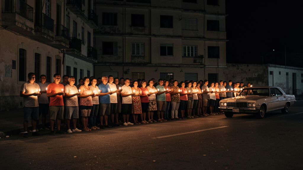Havana residents holding candles on a darkened street at night