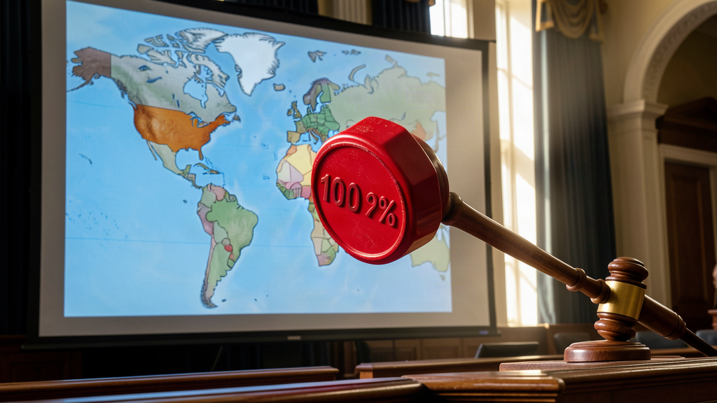 A giant red 100% tariff stamp being pressed onto a map of the world on a congressional podium