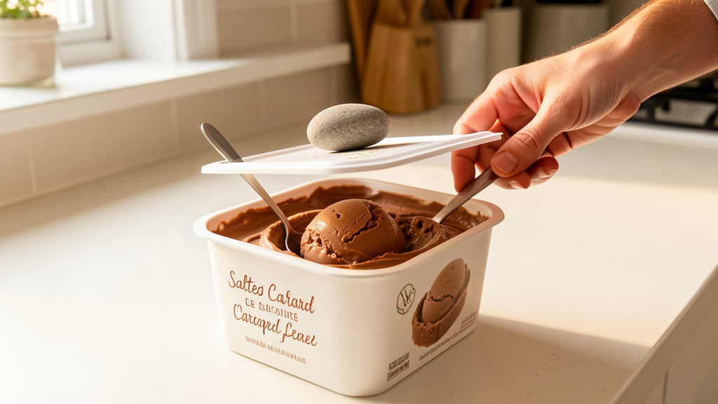A carton of salted caramel ice cream on a kitchen counter with a small smooth pebble balanced on the lid