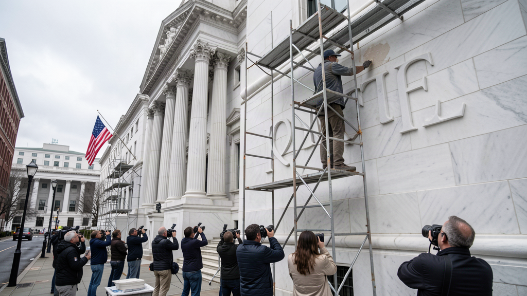 A stonemason on a scaffold chiseling a large letter into a marble government building facade in downtown Washington