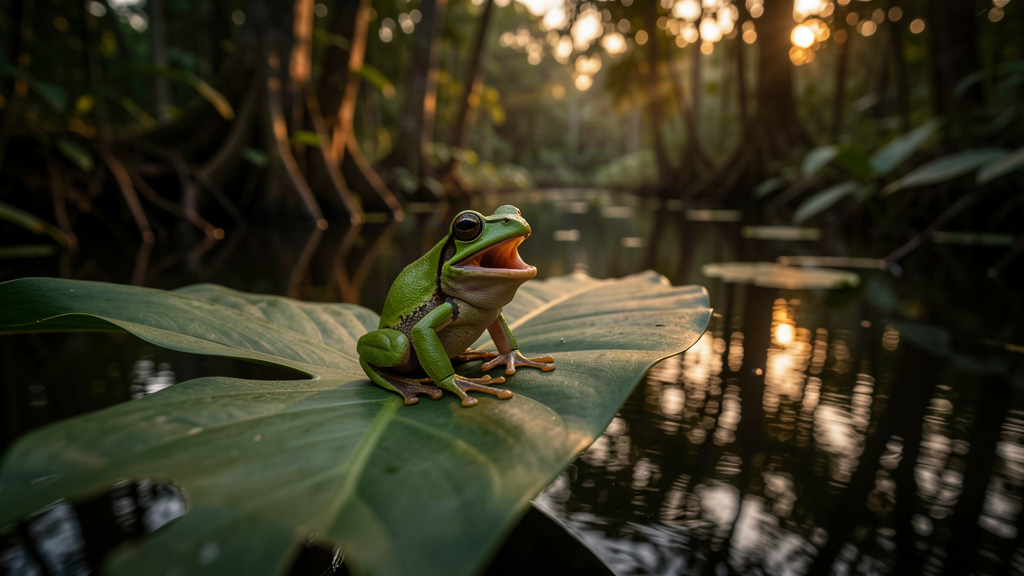 A tiny green tree frog on a leaf in a flooded forest at dusk with its mouth open mid-call