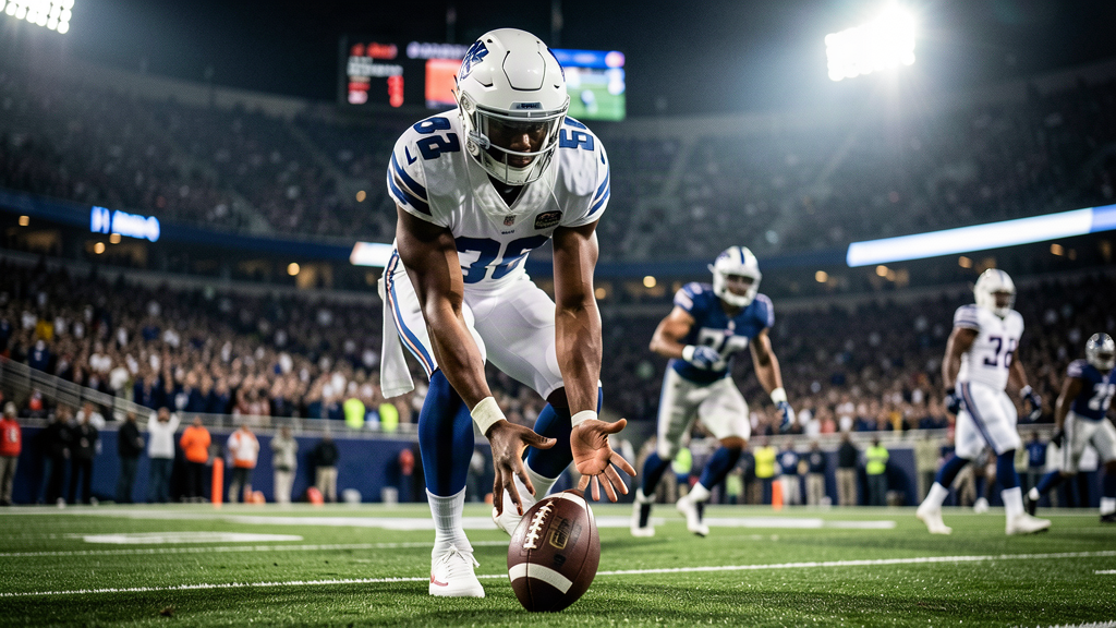 A wide receiver watching a football land on the turf inches in front of his outstretched hands at a packed stadium