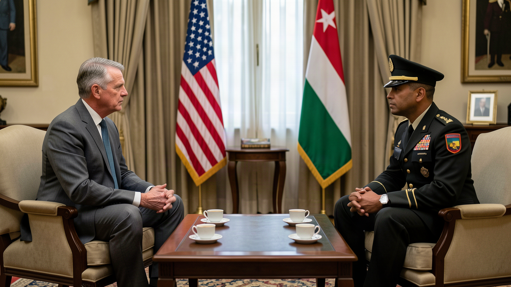 Two men seated across a low table at an embassy table with tea, an American flag and an Omani flag behind them