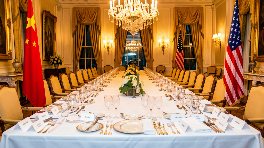 A long White House state-dinner table set for a formal dinner, with a Chinese flag and an American flag at each end and a single, very crowded sideboard of name plates.