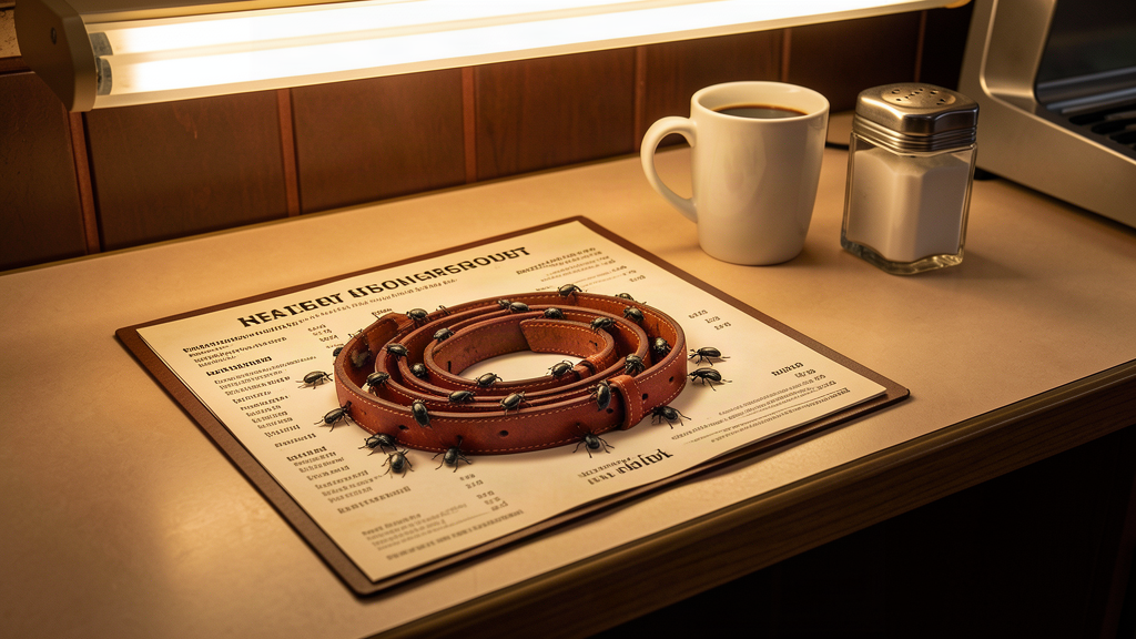 A restaurant menu with a single glossy photo of ribs that somehow resembles a coiled leather belt with small dark insects scattered across it, sitting on a counter next to a coffee cup.
