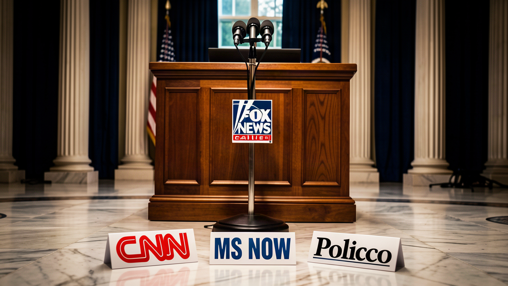 A White House podium with three name badges reading CNN, MS NOW, and Politico sitting upside down on the floor, while a lone press badge hangs on the podium's microphone stand.
