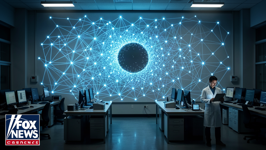 A giant glowing network graph projected across a lab wall, with one small, dark, unlit region near the center, and a researcher standing in front of it holding a tablet.