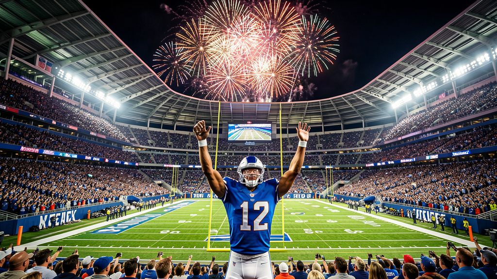 A modern stadium at night lit from within, a sellout crowd, fireworks bursting over the field, and a quarterback in the end zone with arms raised.