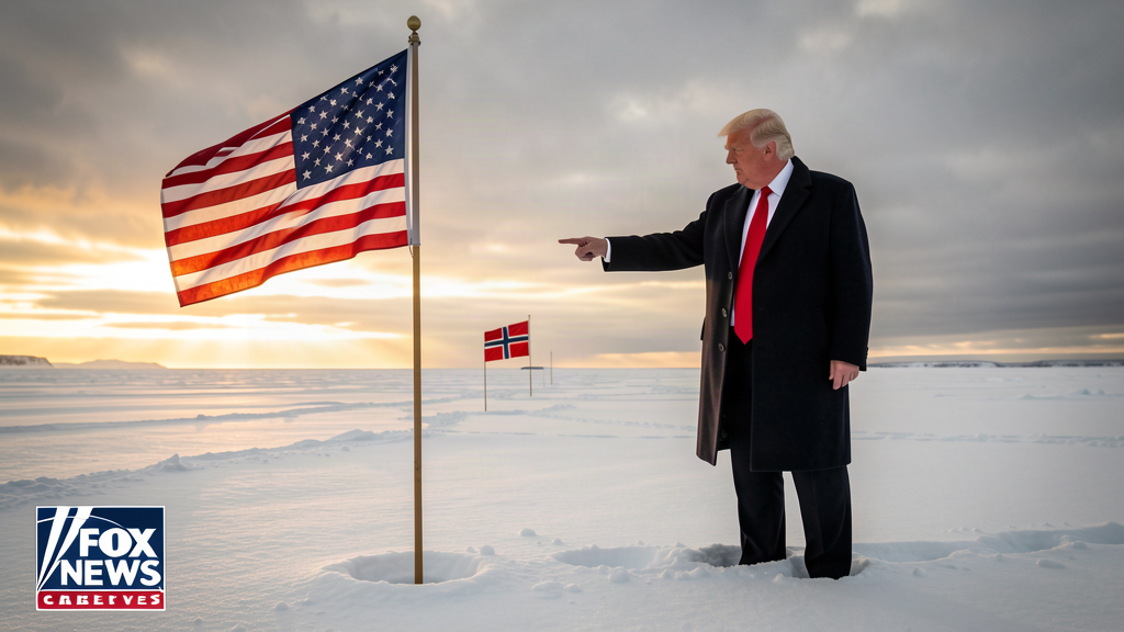 President Donald Trump stands on a vast white ice sheet pointing at a tall American flag while a small Danish flag is staked into the snow a few hundred feet behind him.