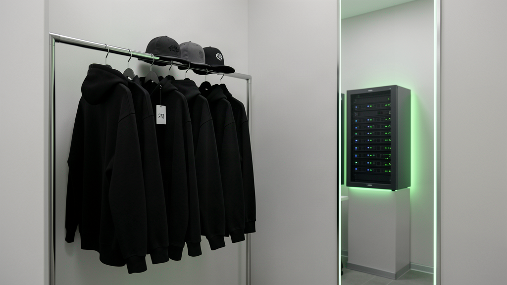 A rack of plain black hoodies and baseball caps in a minimalist store with a small glowing server rack in the background