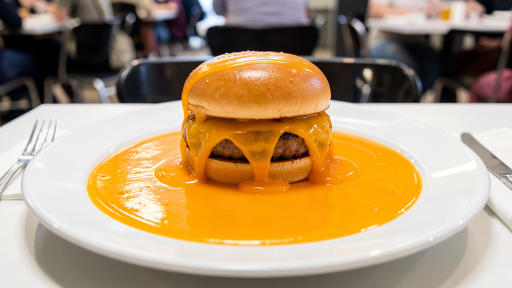 A burger sitting in the middle of a wide shallow pool of melted cheese on a white plate