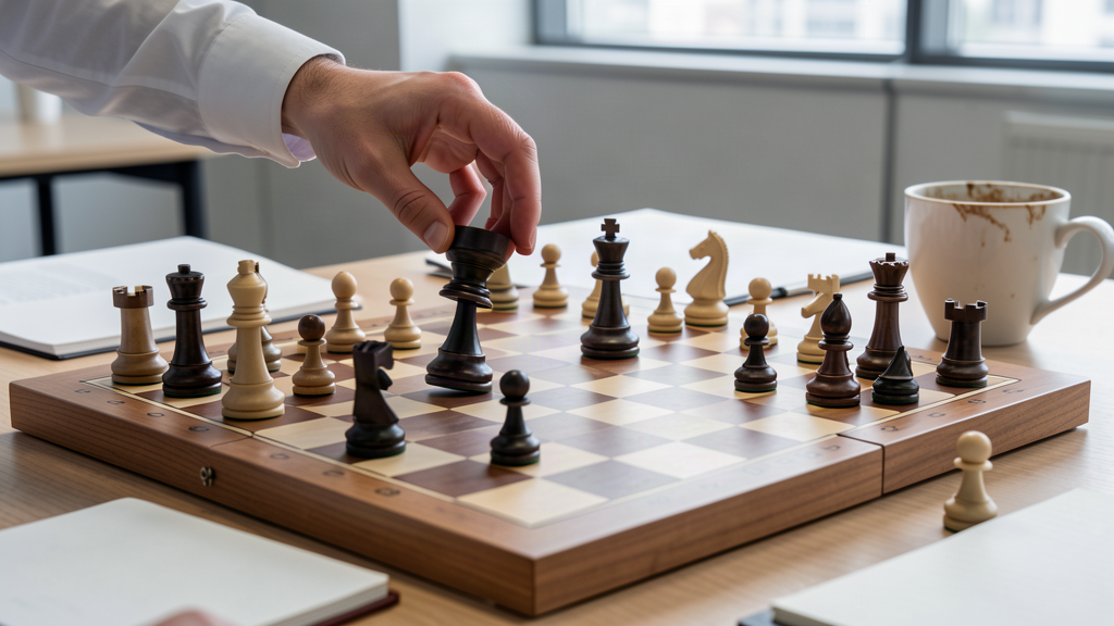 A chessboard where a single piece has been moved and set aside, with a new piece in place