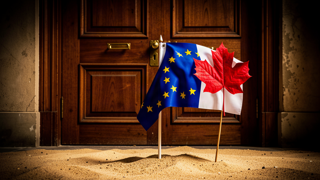 The European Union flag with a single maple leaf stuck into it, in front of a closed wooden door