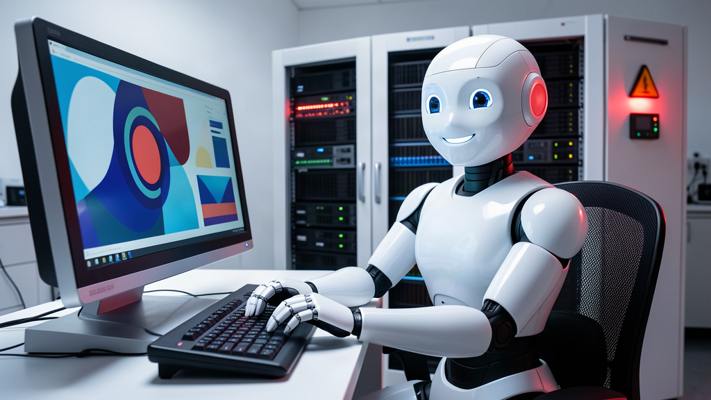 A friendly white robot at a terminal with a small red warning light, looking pleased with itself