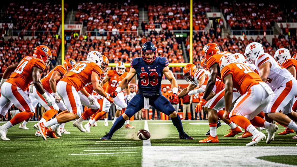 A quarterback rolling out in the end zone as a crowd of players converges on the loose ball at the one-yard line