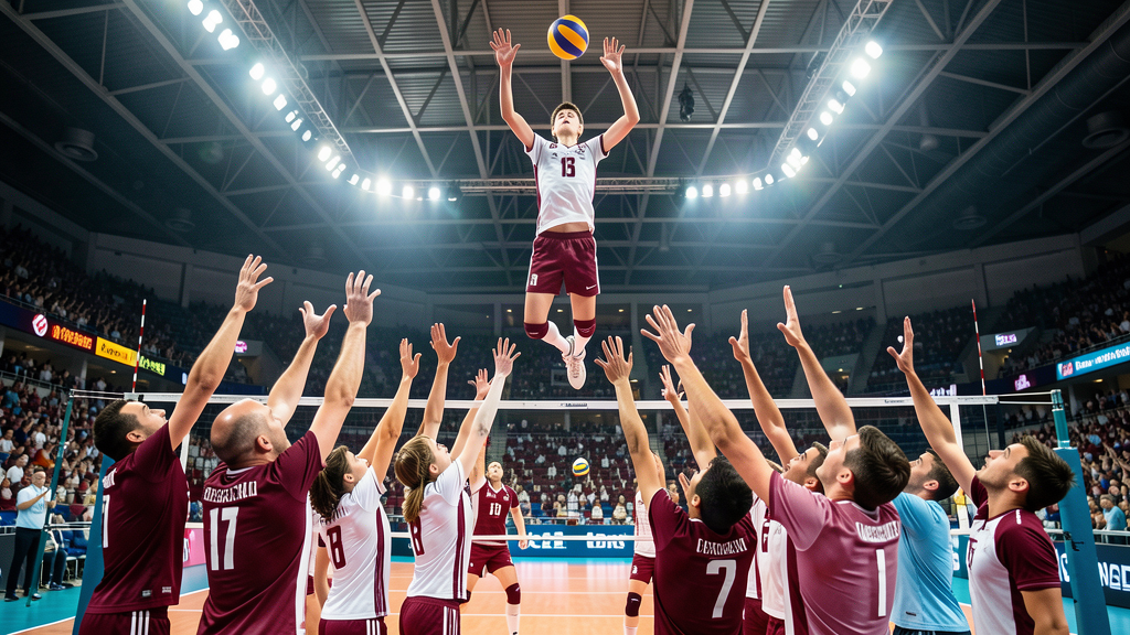 A very tall thin boy in a white and maroon volleyball uniform jumping high over a crowd of much shorter players