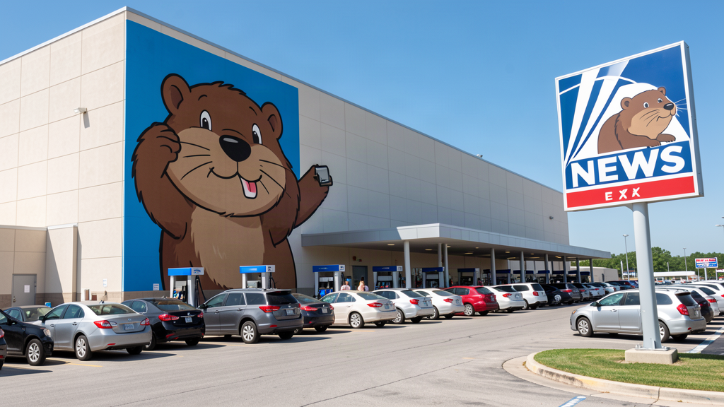 A cartoon beaver mascot on a road sign beside a long line of cars at a big travel center