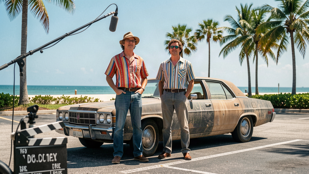 Two men in 1980s shirts standing in a beach parking lot beside a beat-up sedan, a movie clapboard in the foreground