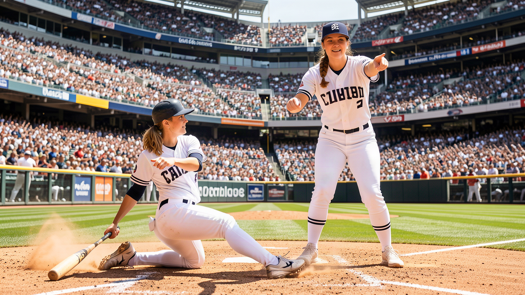 Two women in matching team uniforms sliding into home plate at a stadium, one pointing at the crowd