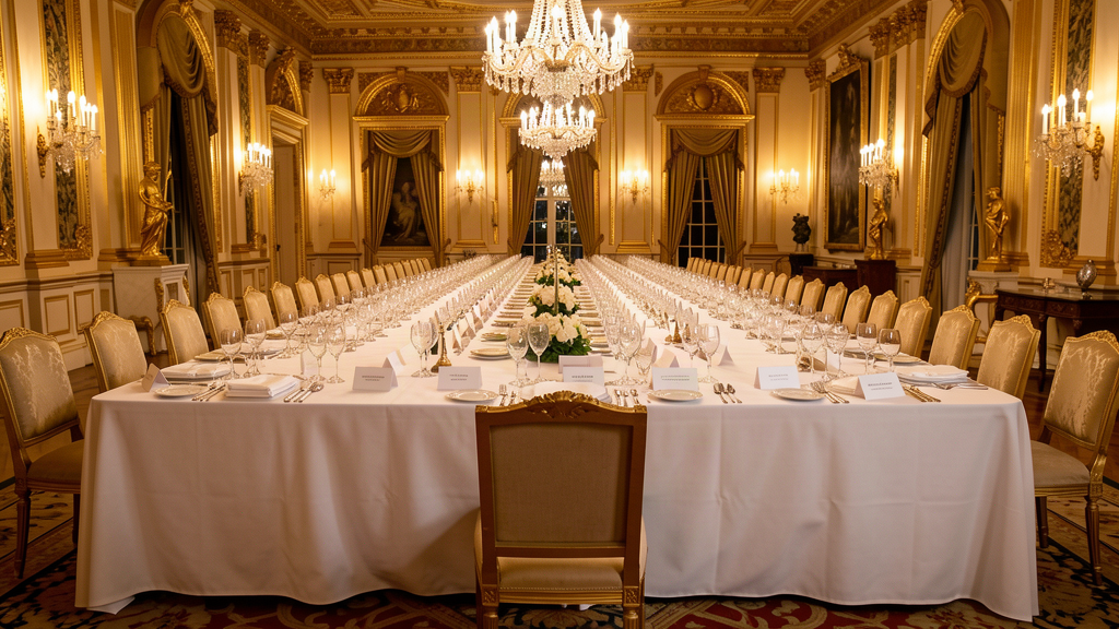 A long state-dinner table in a gilded ballroom, hundreds of place settings, a single empty chair in the foreground