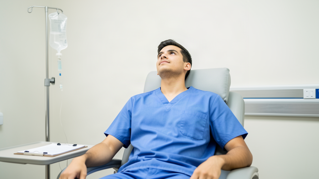 A relaxed patient in blue scrubs reclining in a hospital chair, face in the upper frame, a single IV bag hanging to the side