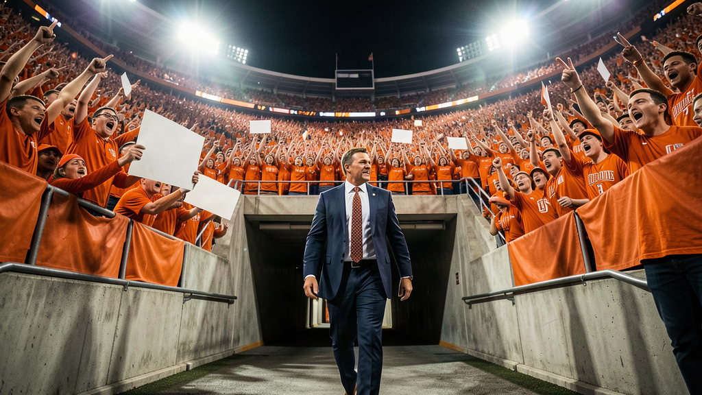 A college football coach walking away from a packed stadium as a sea of orange fans chants behind him