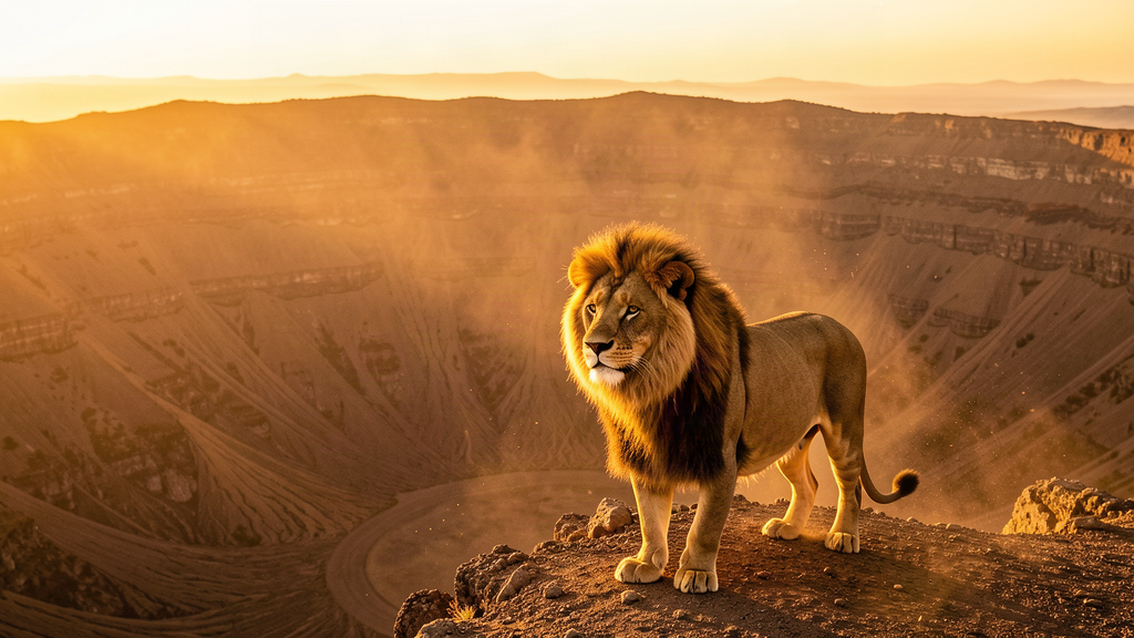 A lone lion standing on the rim of a crater at golden hour, the vast caldera below