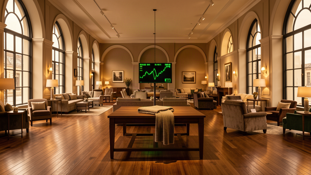 A vast furniture showroom with tall windows and soft light, a small green stock ticker screen glowing in the center, empty display tables with a single throw blanket on one.