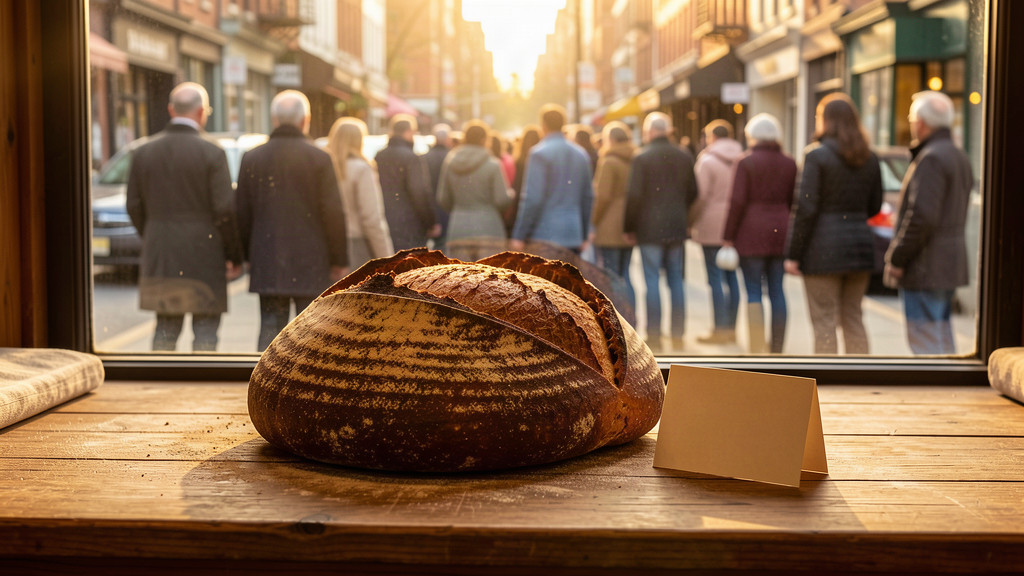 A single dark rye sourdough loaf on a wooden bakery counter in warm light, a small handwritten price tag beside it, a long line of customers visible through the shop window behind.