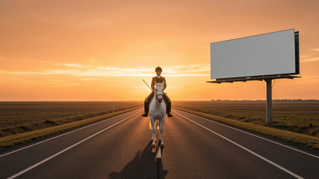 A lone cavalry rider on a white horse standing in the middle of a wide empty American highway at sunset, a single billboard beside the road, no other riders, flat horizon.