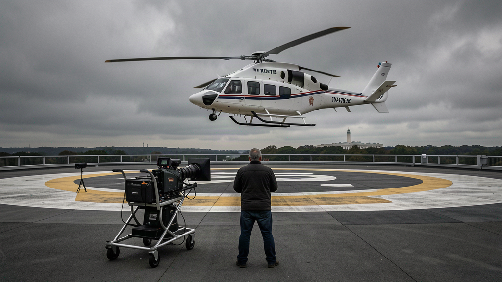 A White House helipad with a Marine One hovering at the edge, an abandoned press camera cart in the foreground, and a small crew of one with a single tripod facing the pad under an overcast sky.