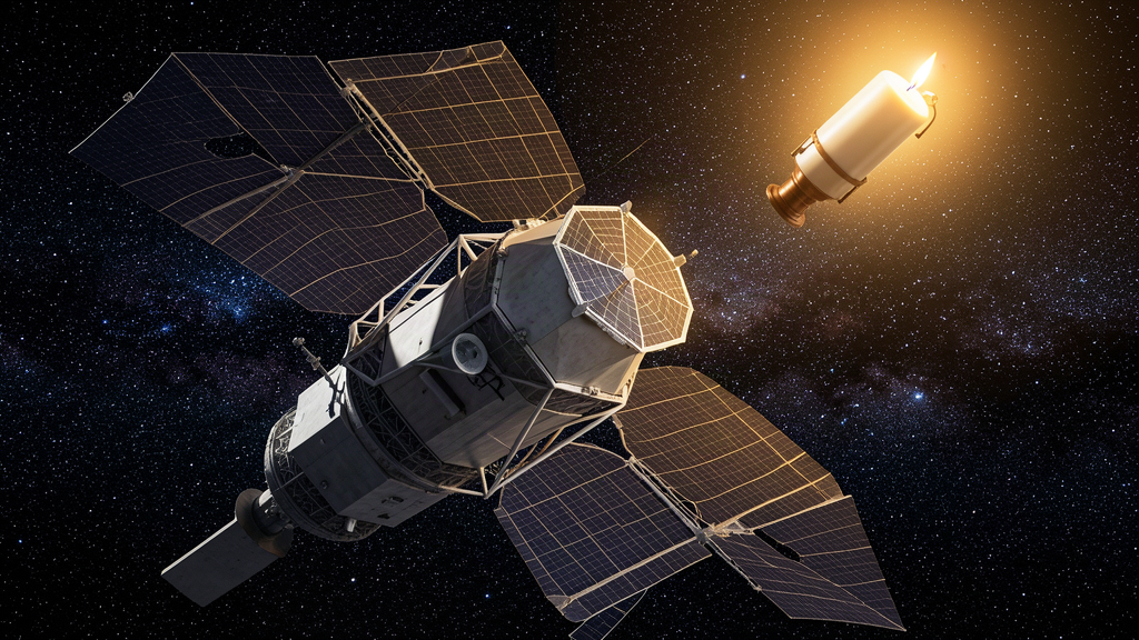 A large space telescope with a sunshield floating in the black of space, a tiny propellant tank glowing beside it, star field background, deep blues and warm engine glow.