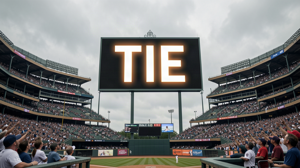 Two baseball stadiums side by side under a single overcast sky, a giant scoreboard between them showing only the word TIE, fans in both parks looking at it.