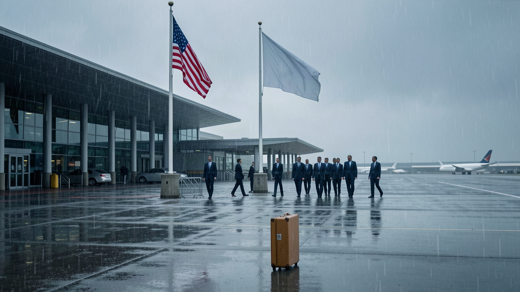 An American flag and a second flag hanging on a pole outside an arrival terminal at an airport in the rain, a single diplomatic suitcase on the tarmac, distant figures walking in.