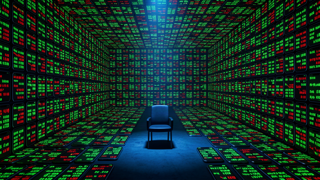 A dense trading floor of mobile phones glowing in a dark room, green and red tickers