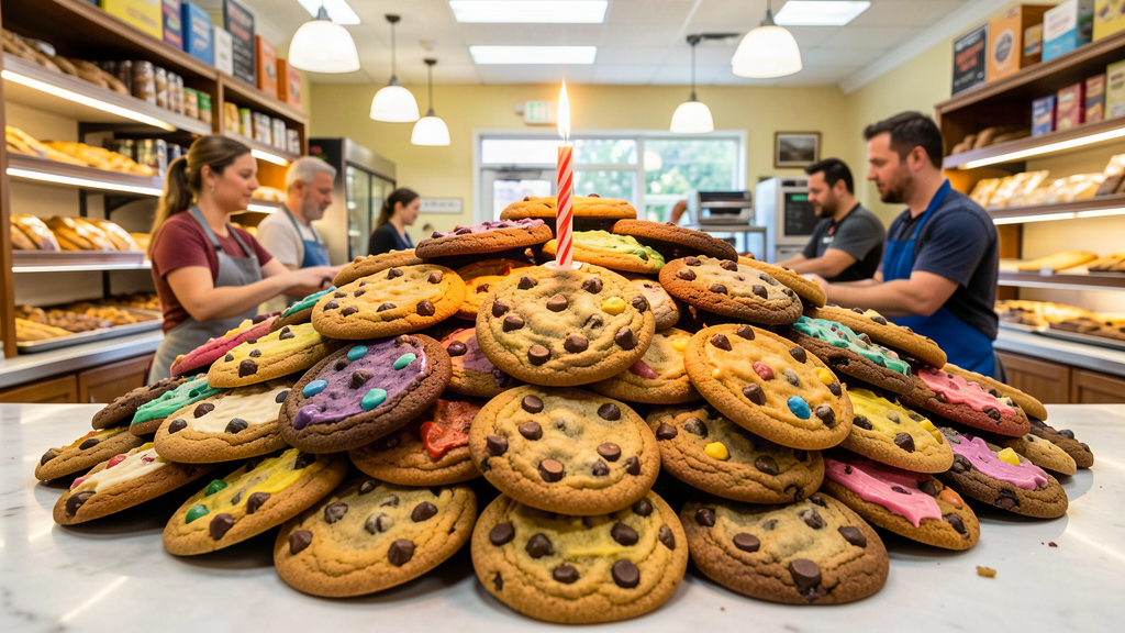 A dozen colorful Crumbl-style cookies piled on a counter with a single candle in one