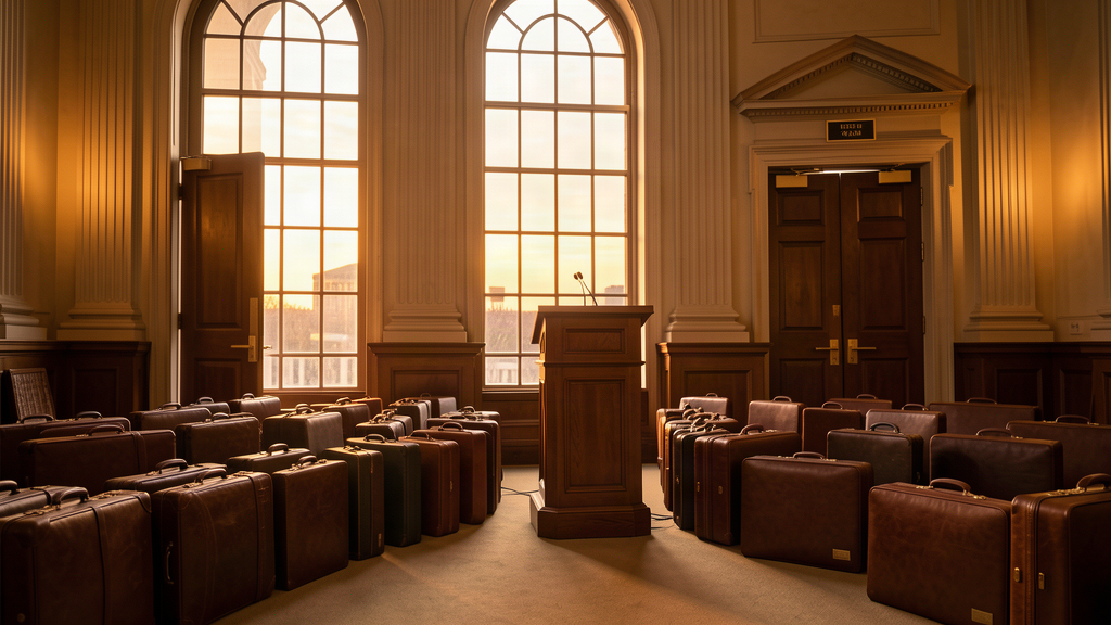 An empty congressional chamber with suitcases lined up by the door