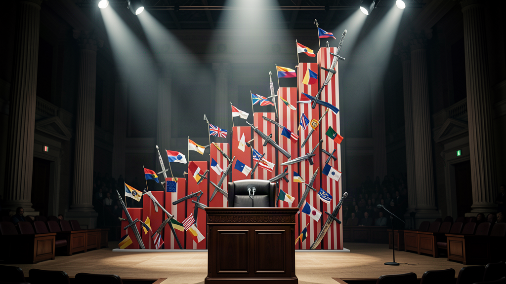 A podium in a large assembly hall with a rising bar chart of descending conflict flags, dramatic overhead lighting