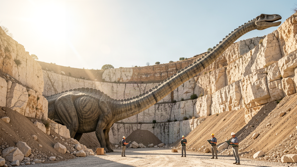 The long tail of a sauropod dinosaur sticking out of a Spanish limestone quarry