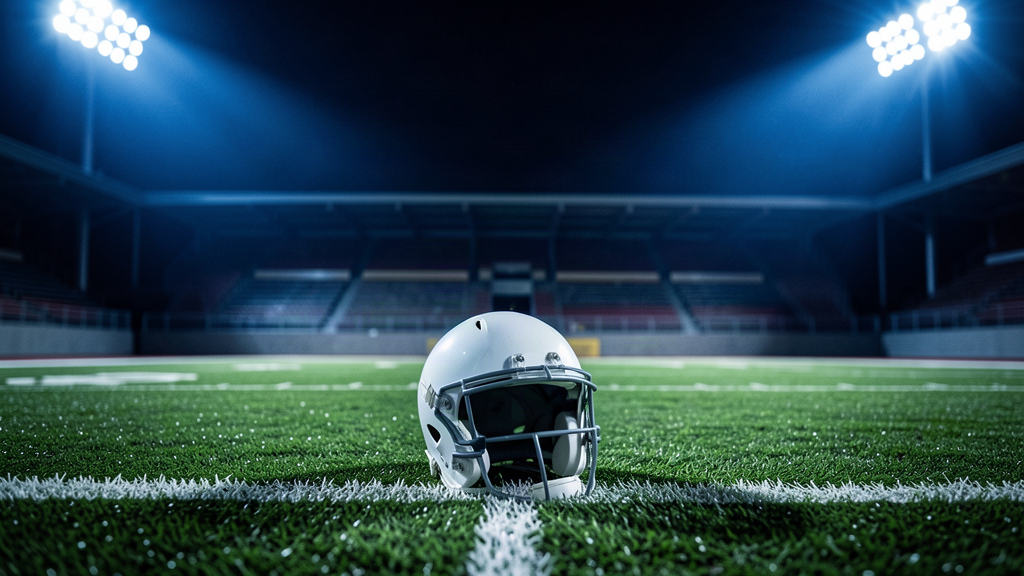 An empty football quarterback's pocket on a green field, a single helmet placed on the grass