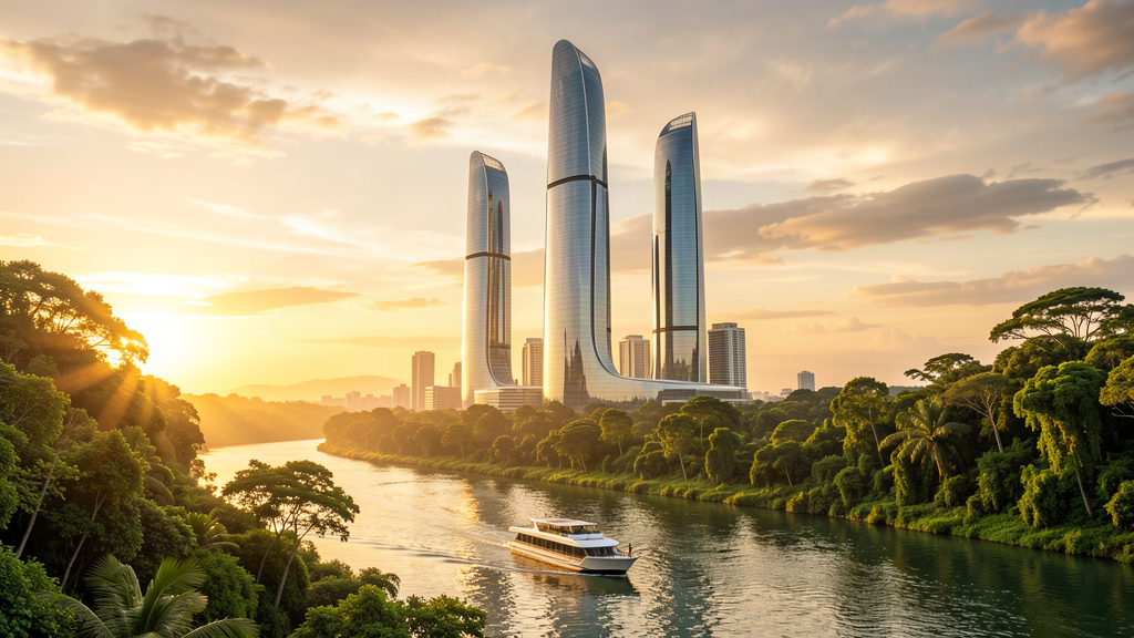 A futuristic glass city rising out of a green riverbank landscape at golden hour
