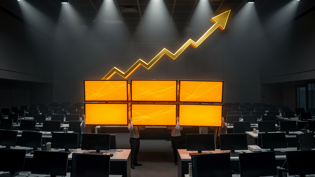 A trading floor where a small cluster of five glowing orange screens holds up a giant golden index line, while hundreds of dark screens sit idle on the floor below.
